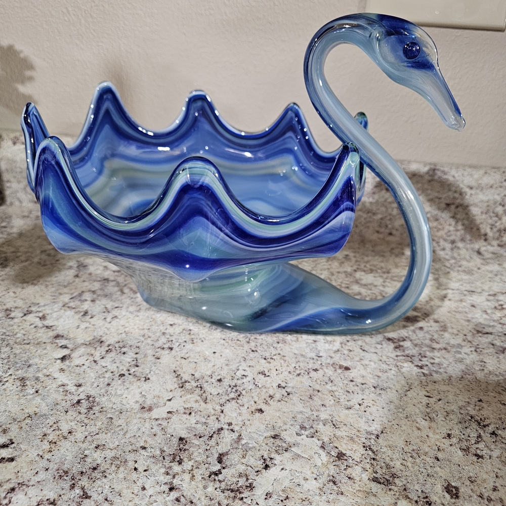 Elegant Blue Glass Swan Bowl